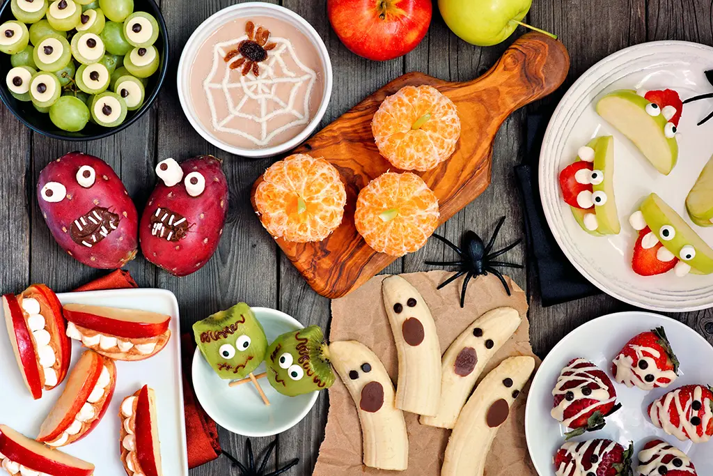 Fruit and veggies take a trun at being scary, fun treats. Happy Halloween!